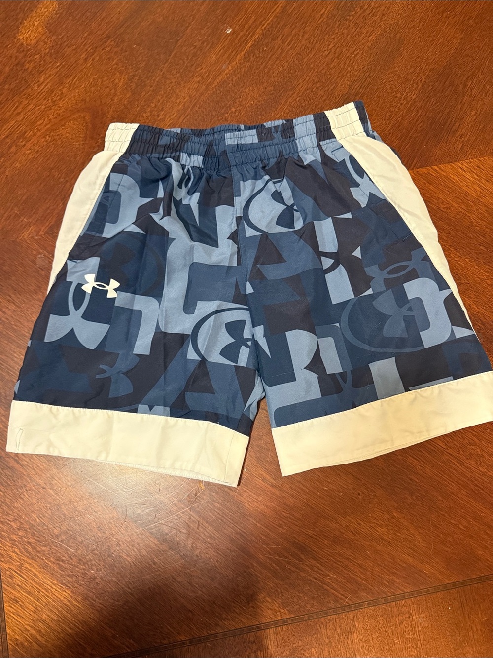 Under Armour Navy and Light Blue Graphic Boys' Athletic Shorts with White Trim
